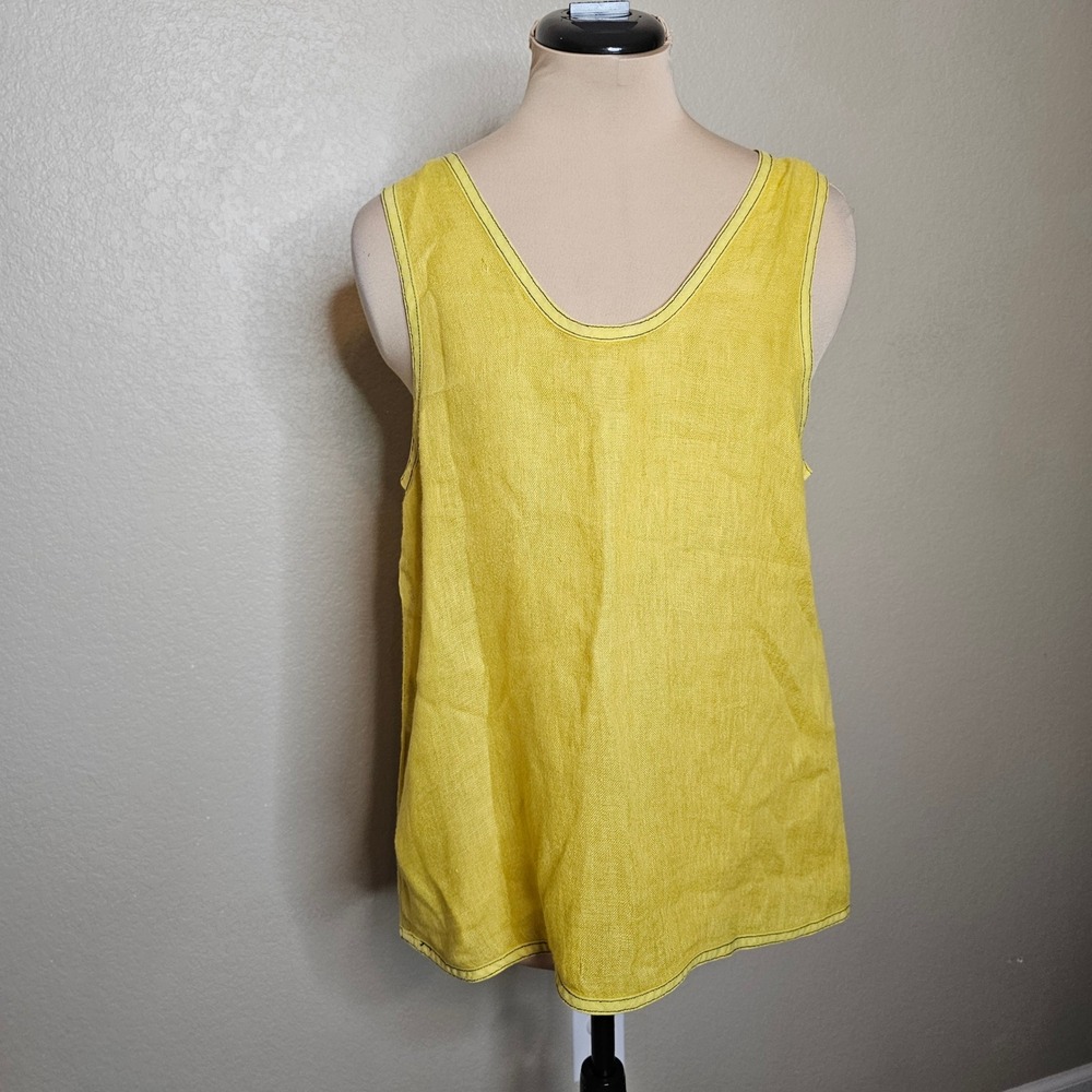 Cynthia Ashby Yellow Linen‎ Lagenlook Tank Top Contrast Stitching Small